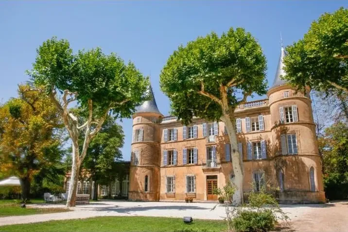La façade du château entre les platanes de la cour d’honneur